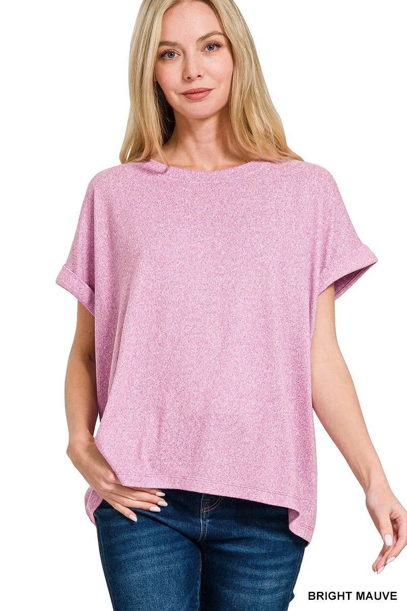 Zenana Soft Melange Hacci Short Sleeve Round Neck Top
