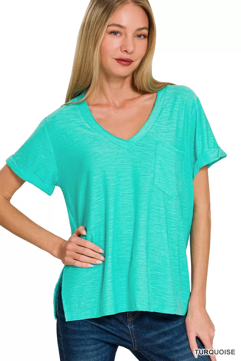 Zenana Slub Rolled Short Sleeve V-Neck Tee