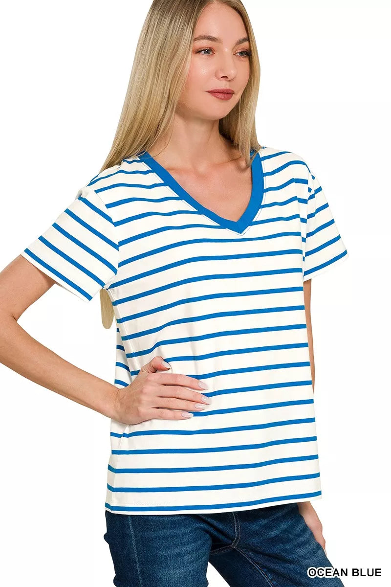 Zenana Striped V-Neck Short Sleeve T-Shirt