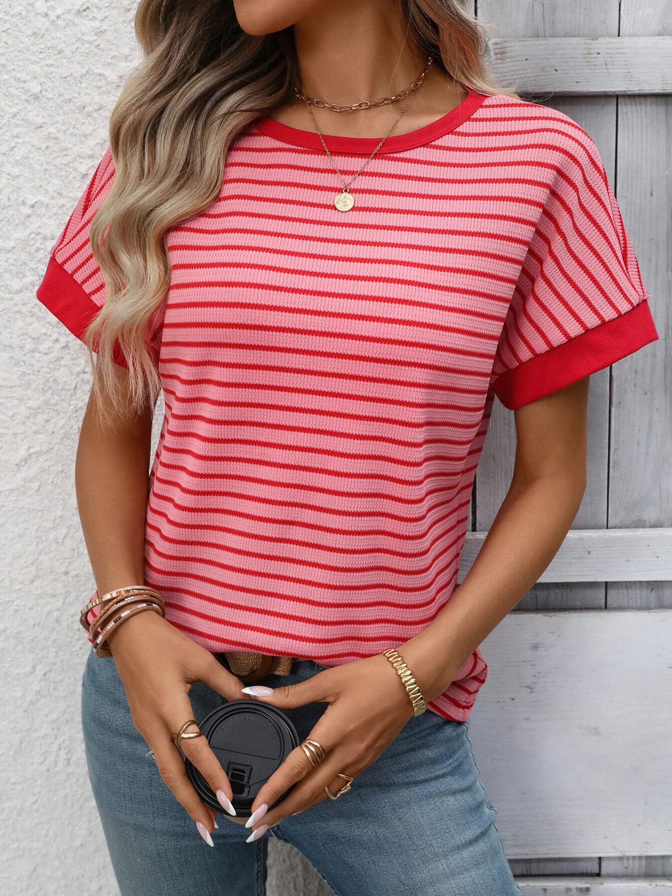 Striped Ribbed Knit Short Sleeve T-Shirt