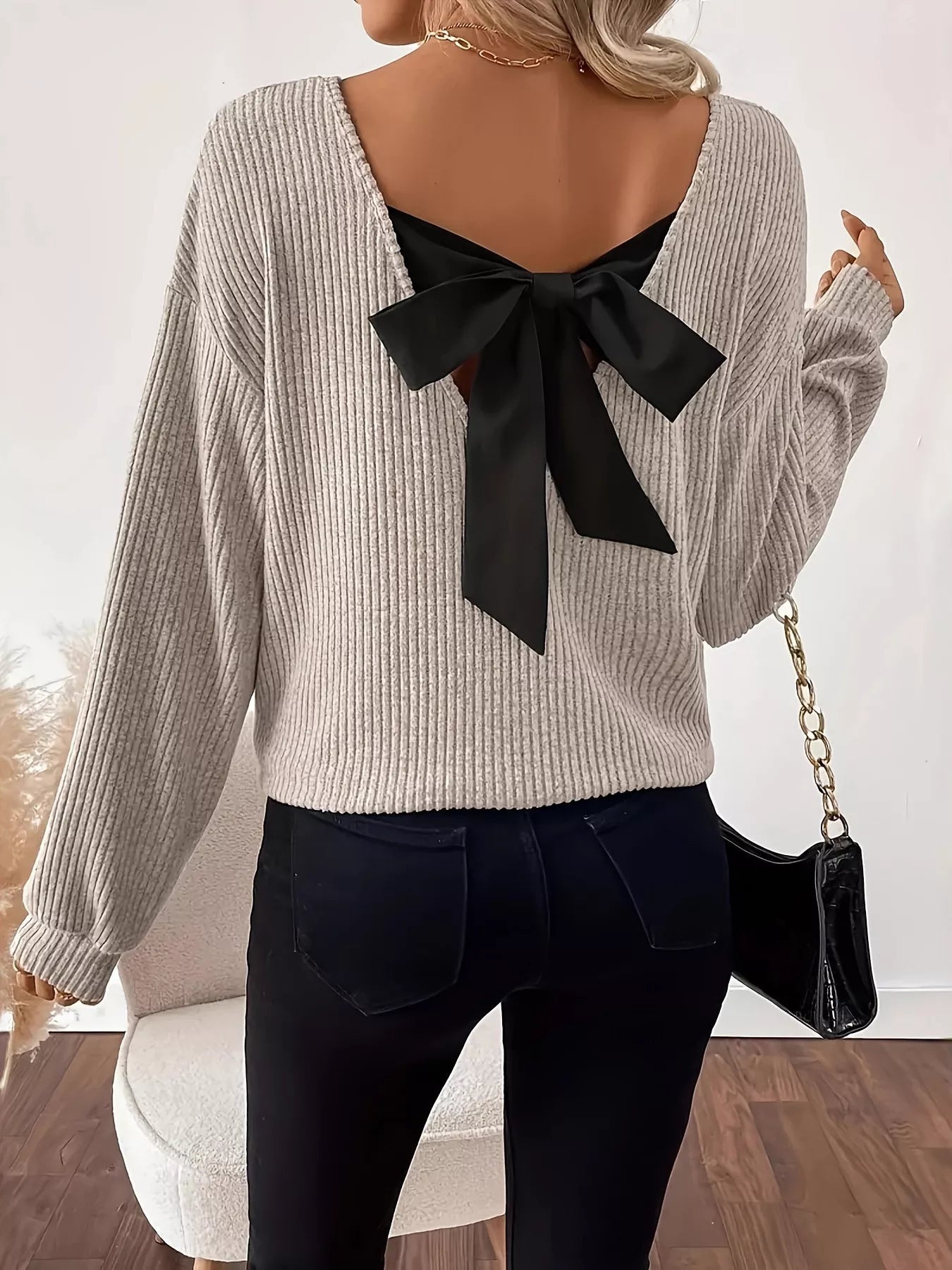 Full Size Ribbed Knit Backless Bow T-Shirt Plus Size