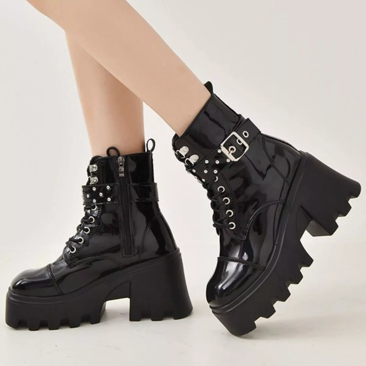 Platform Ankle Boots with Buckle and Studded Detail
