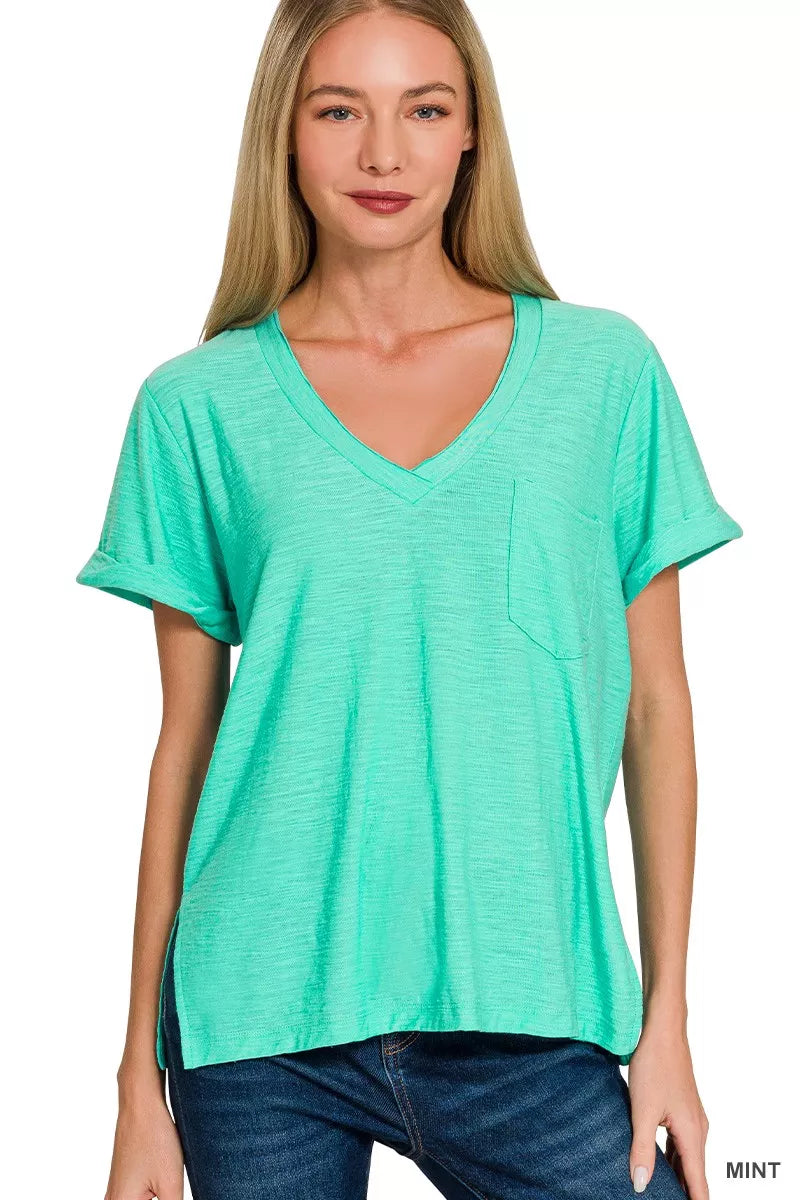 Zenana Slub Rolled Short Sleeve V-Neck Tee