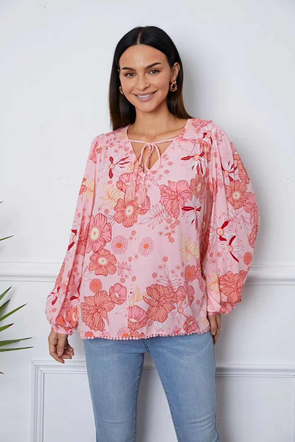 Floral Smocked Tassel Tie Balloon Sleeve Blouse