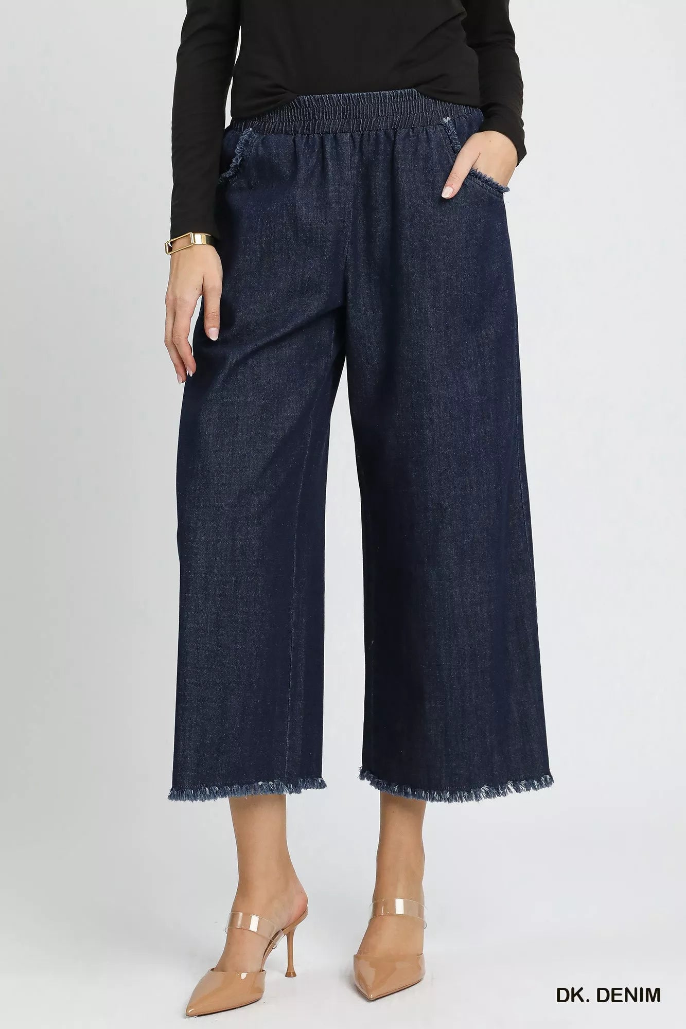 Umgee Washed Fringe Hem Wide Leg Jeans
