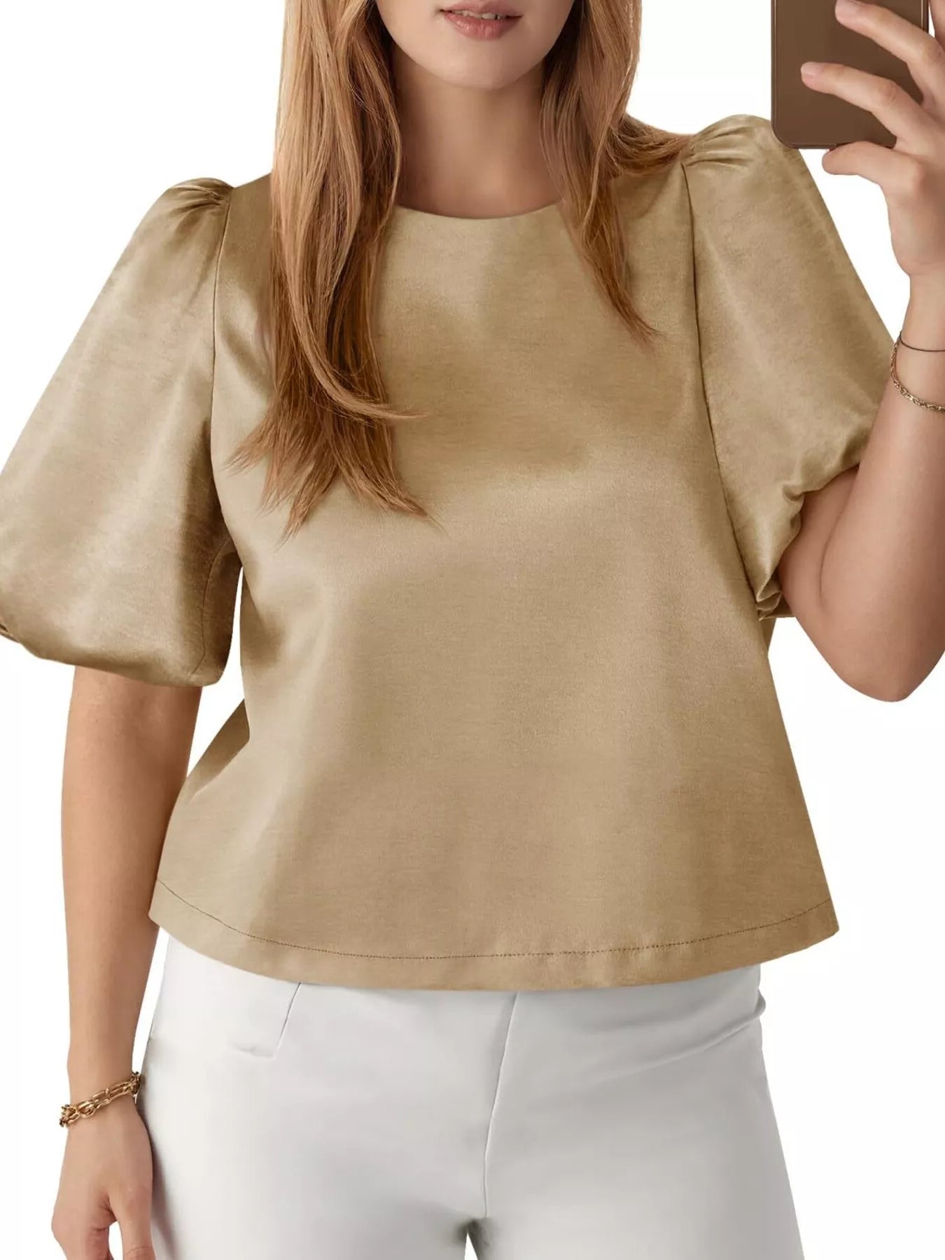 Round Neck Puff Sleeve Satin Top