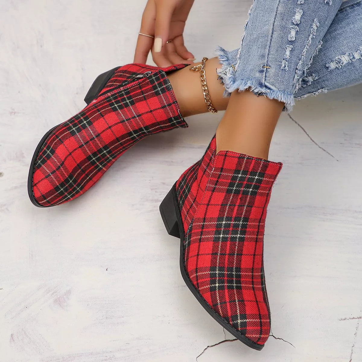 Plaid Point Toe Ankle Boots