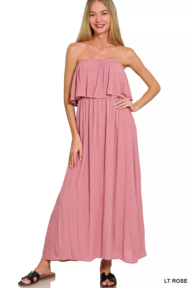 Zenana Woven Crinkle Strapless Maxi Dress