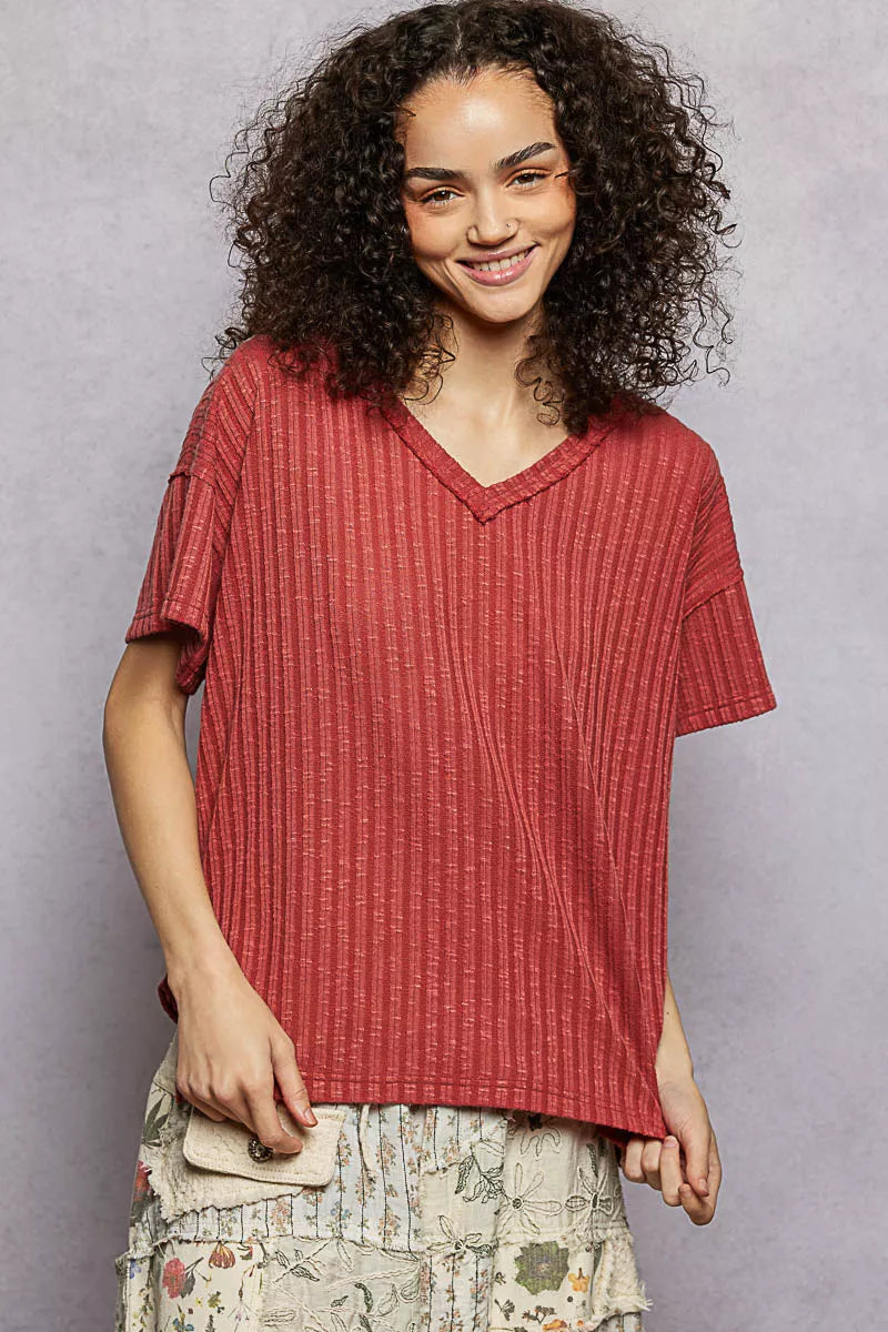 POL Ribbed Knit V-Neck Short Sleeve T-Shirt with Side Slit